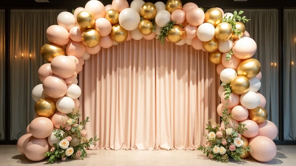 A large professional organic balloon arch installation in gold, white and blush with greenery at a Toronto event venue