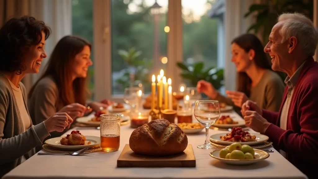 A GTA family seated around a set Rosh Hashanah dinner table with round challah, apples and honey in the centre
