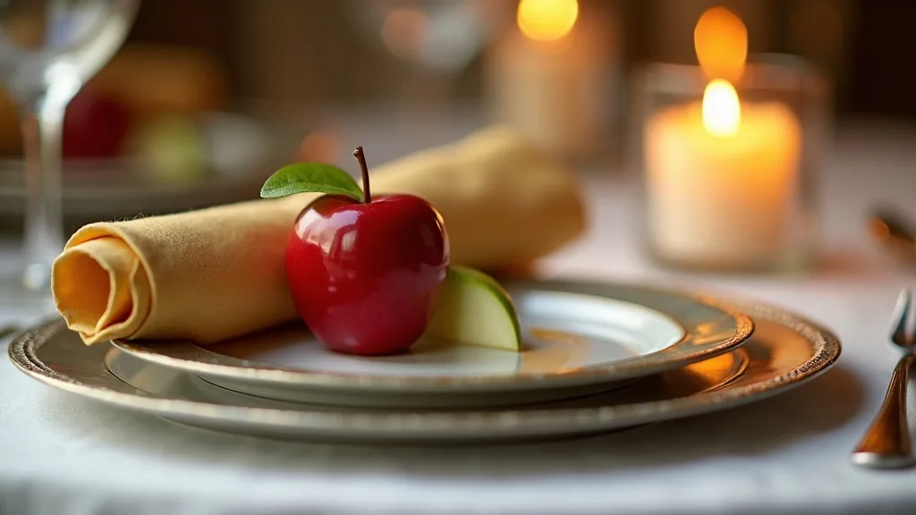 Close view of Rosh Hashanah table decorations at one place setting, gold napkin on a silver charger and gold rimmed plate with a red apple
