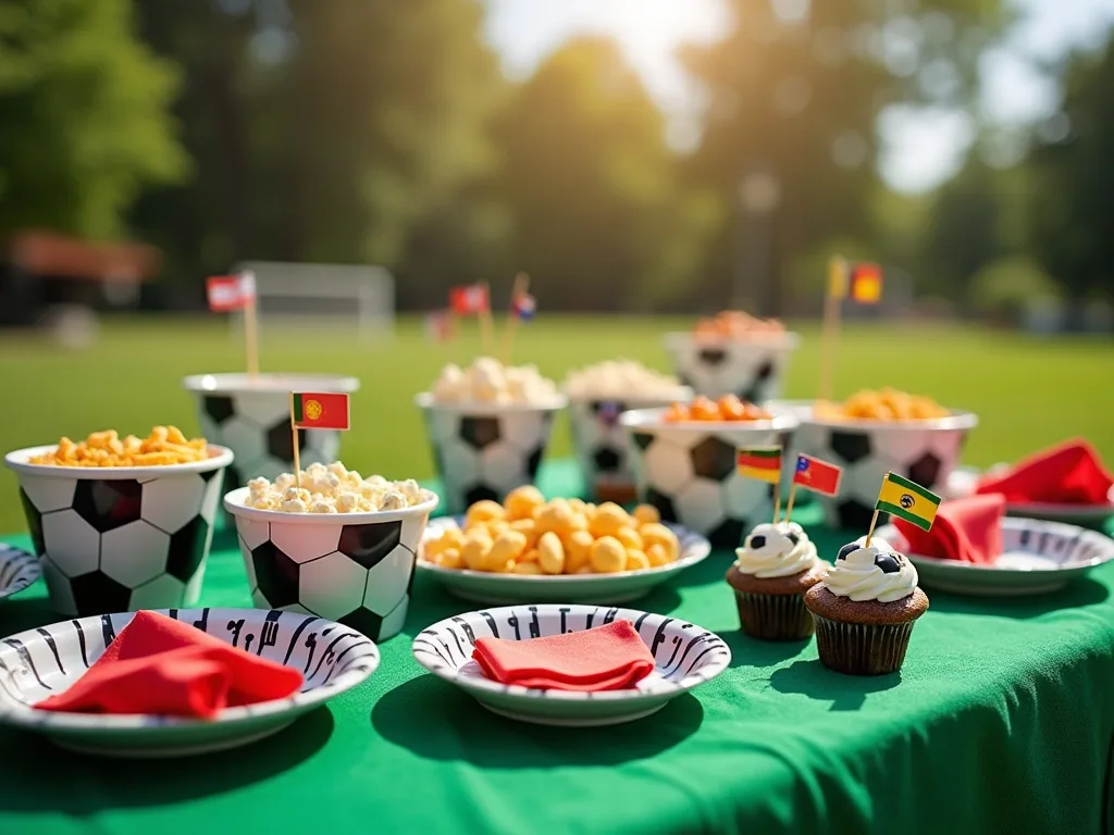 Soccer themed snack table with soccer ball cups, flag picks, cupcakes and green pitch style tablecloth for a World Cup party