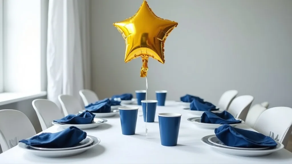 A party table dressed in plain white and navy with a single gold star foil balloon above it as the only accent