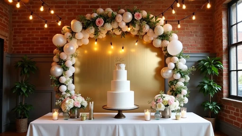 A wedding head table and cake table styled with a gold backdrop and white balloon garland in a Toronto brick and beam loft