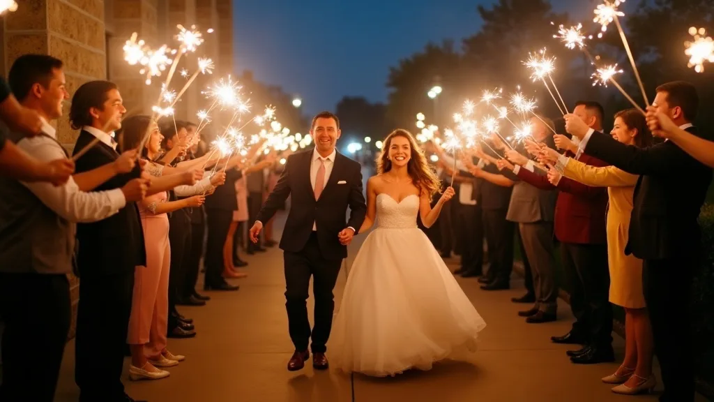 Wedding guests holding sparklers in a tunnel as a newlywed couple walks through at a GTA wedding venue at night