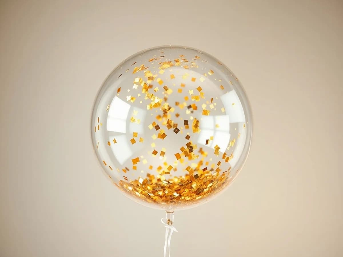 Crystal-clear bubble balloon filled with gold confetti floating at an elegant event