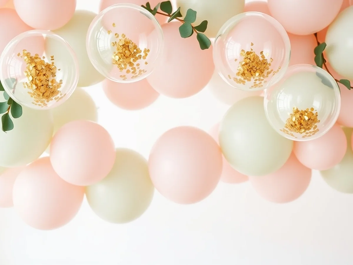 Clear latex balloons filled with gold confetti woven into a modern organic balloon garland