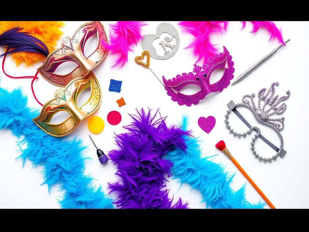 Colorful costume accessories including masquerade masks and festive accessories arranged artfully