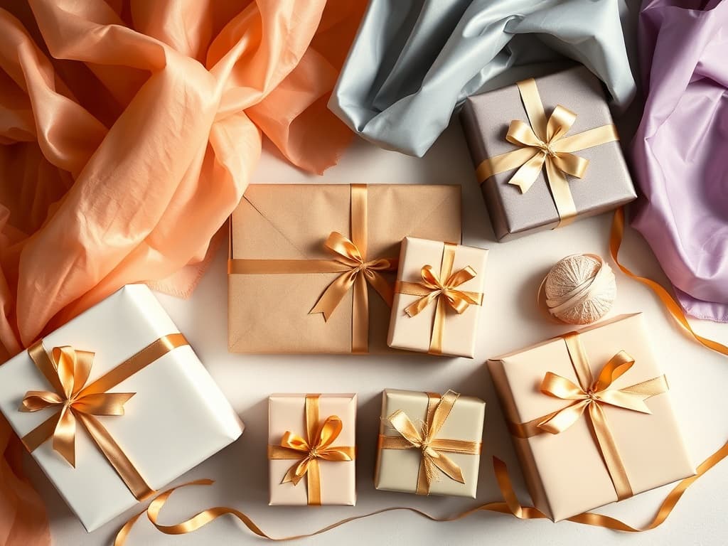 Elegant gift wrapping collection with tissue paper, ribbons and beautifully wrapped presents
