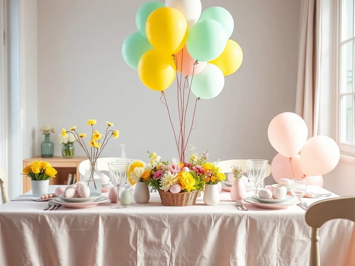 Cheerful Easter party table with pastel balloon cluster, spring flowers, coordinated tableware and Easter decorations