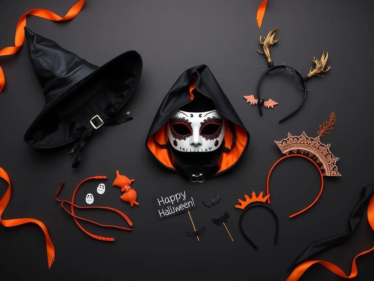 Halloween costume accessories including witch hats, masks and props arranged for a spooky party display