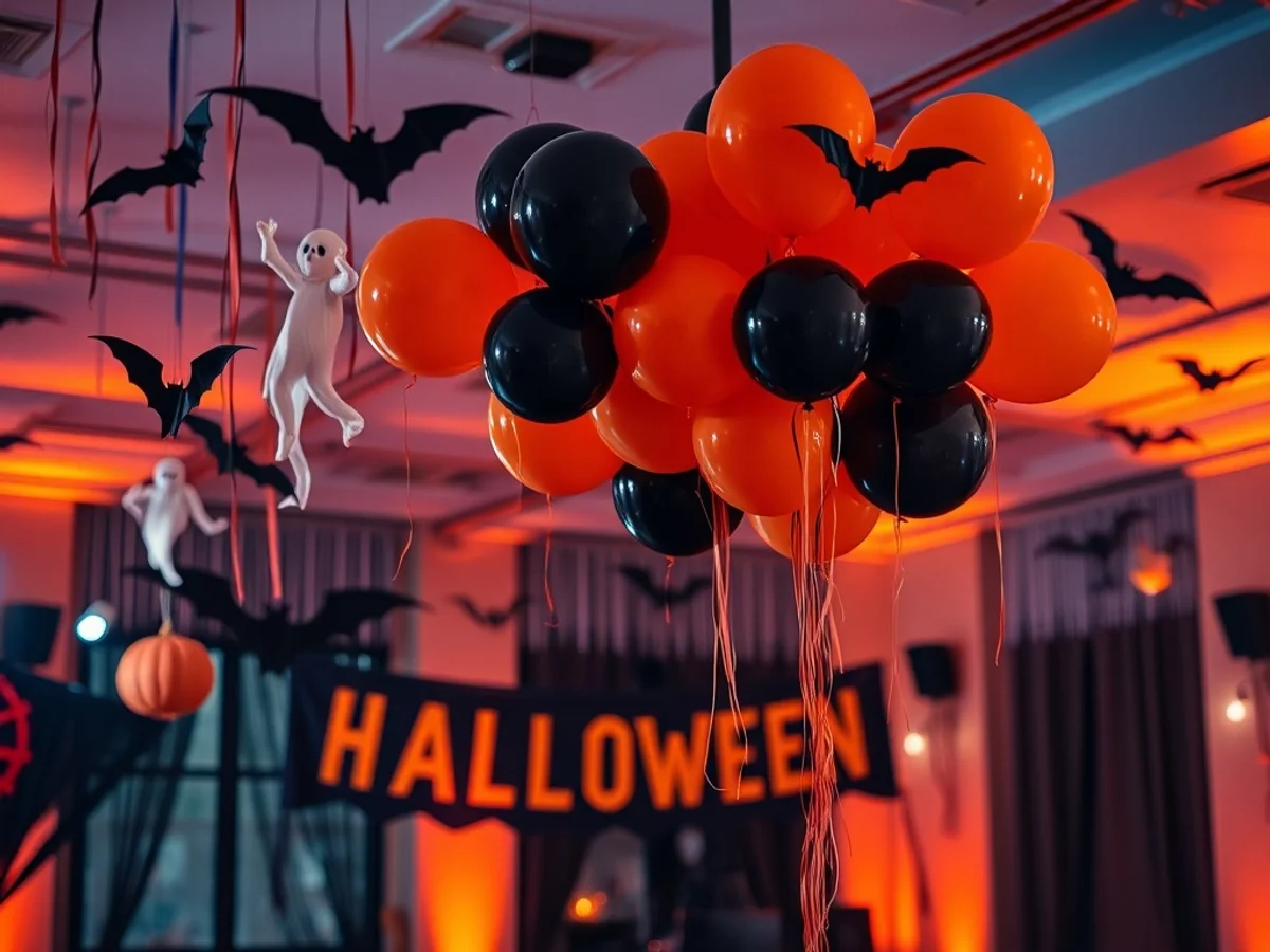 Spooky Halloween party room decorated with orange and black balloons, hanging ghosts and bat decorations