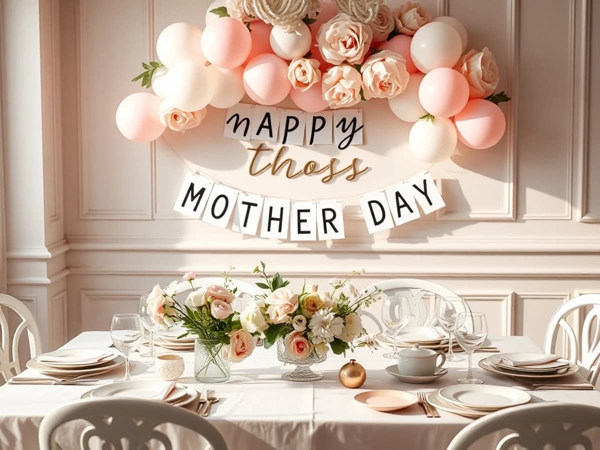 Elegant Mother's Day brunch table with blush pink and white floral balloons, banner and coordinated tableware