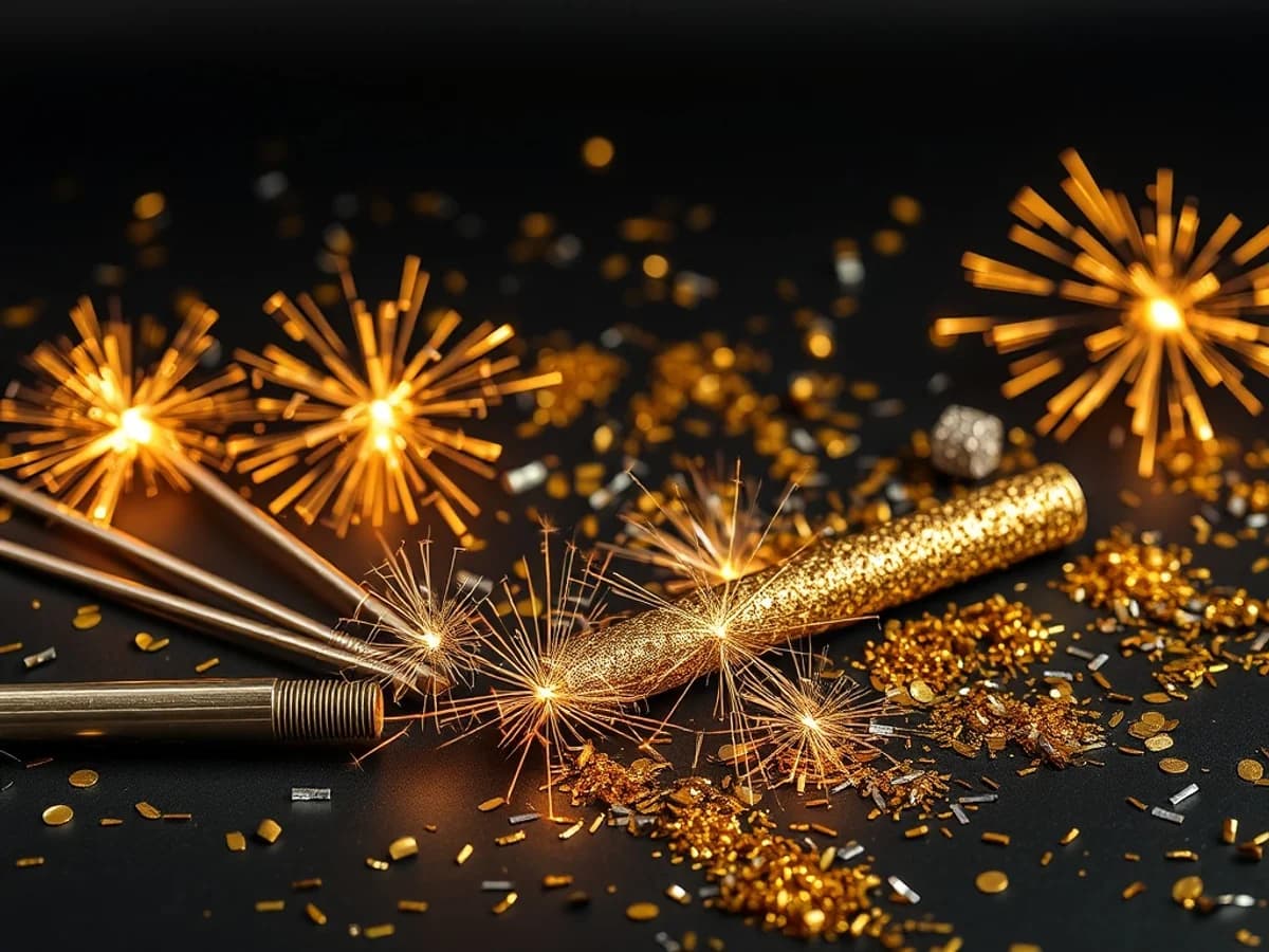 Gold sparklers and party poppers for a New Year's Eve countdown celebration