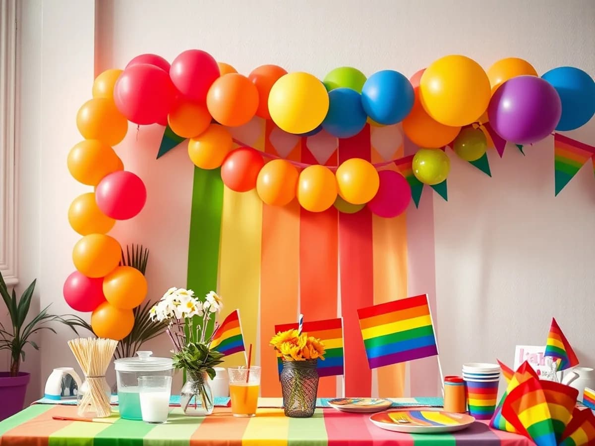 Vibrant Pride celebration with rainbow balloon garland, colourful decorations and festive Pride tableware
