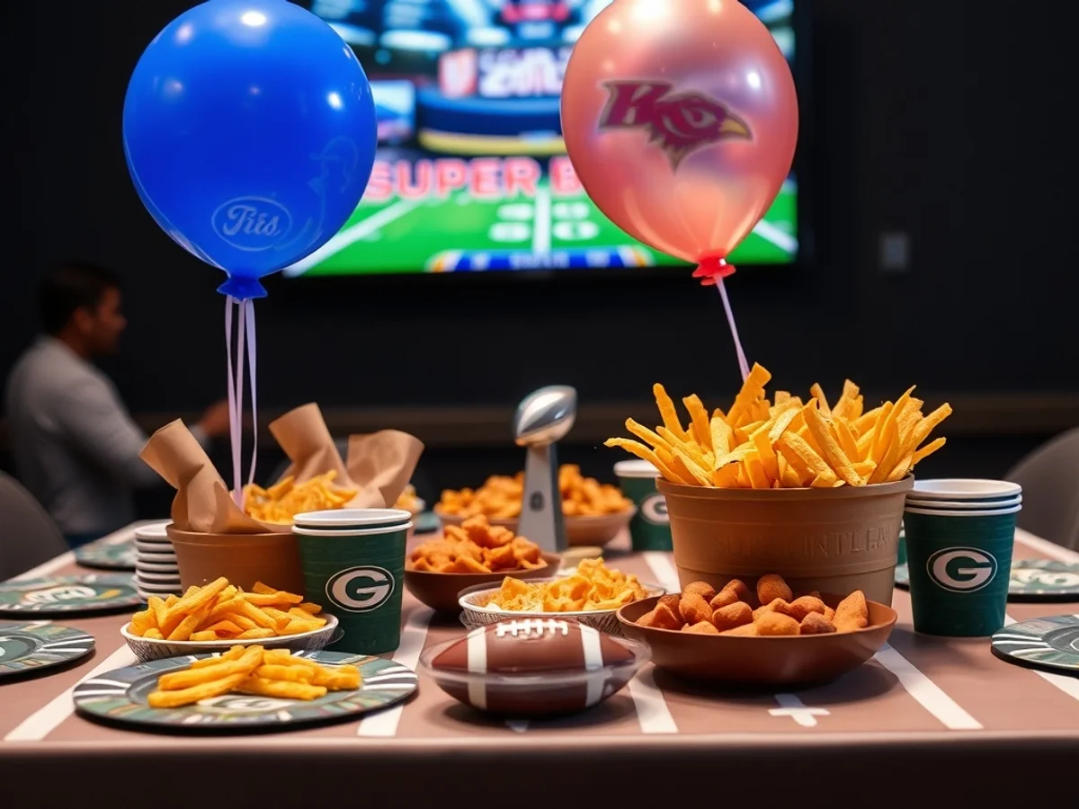 Super Bowl party table with football motif tableware, team colour balloons and game day celebration decor