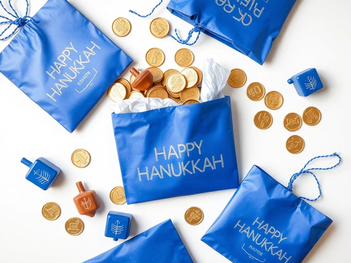 Hanukkah-themed blue and silver loot bags with chocolate gelt and dreidels for holiday party favours