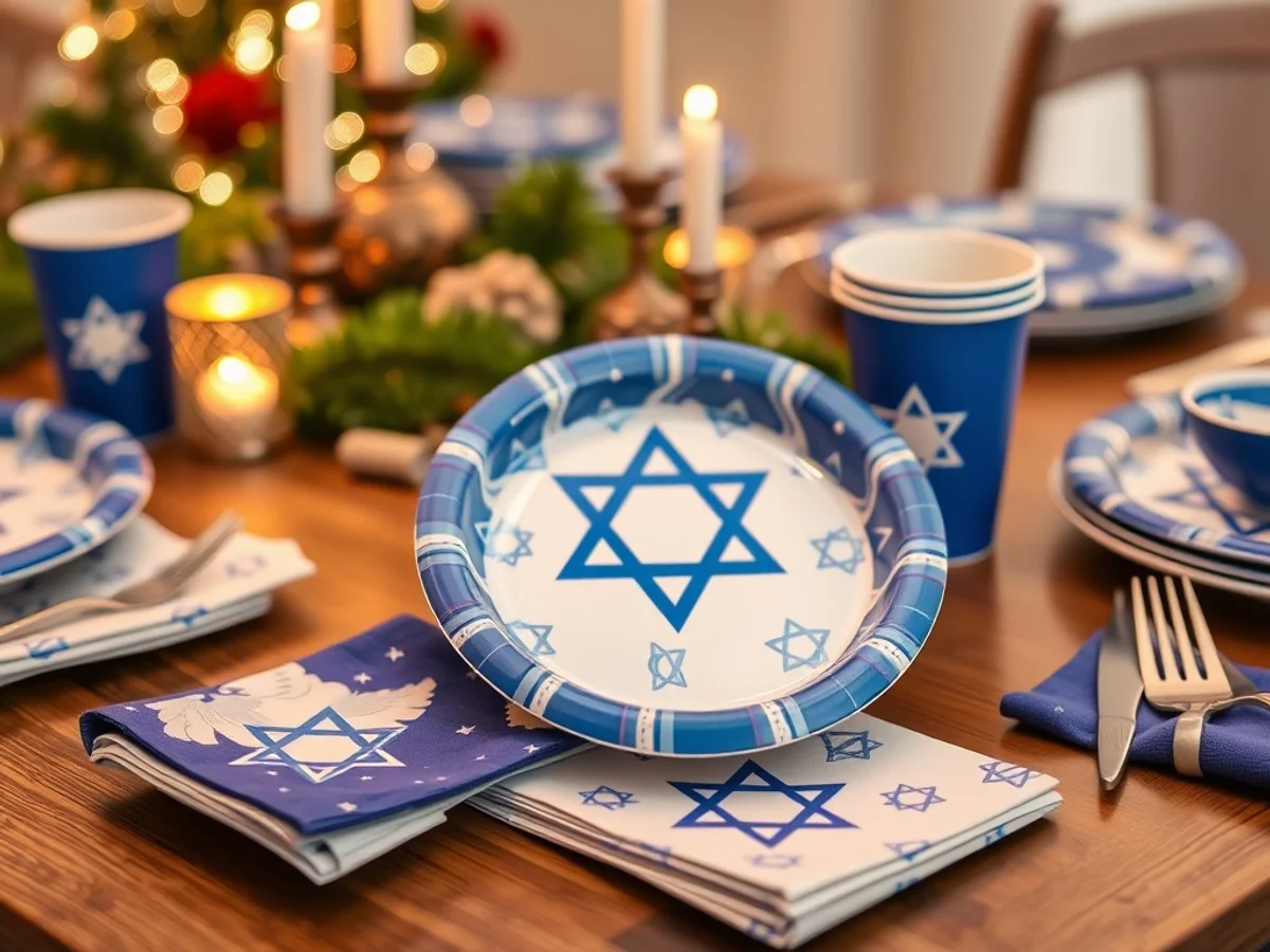 Hanukkah-themed paper plates, cups and napkins in blue and white on a festive holiday dinner table