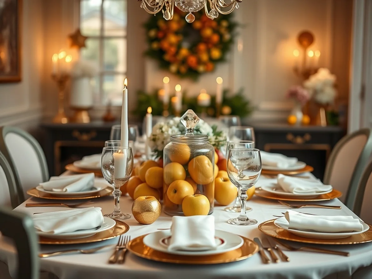 Rosh Hashanah Jewish New Year table with gold and white tableware, apples, honey and festive decor