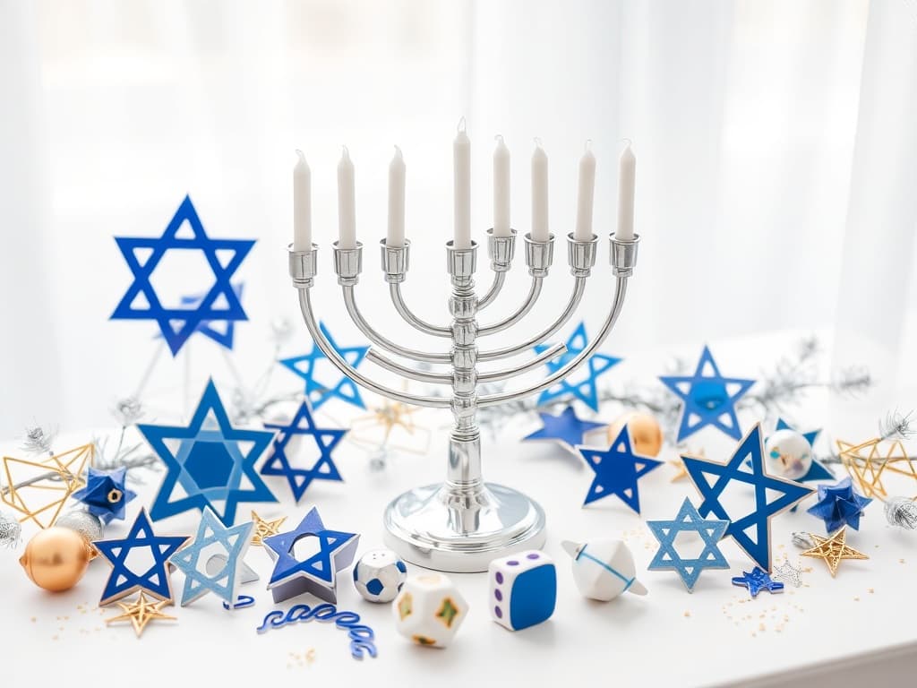 Elegant Hanukkah celebration display with menorah, Star of David decorations and gold accents