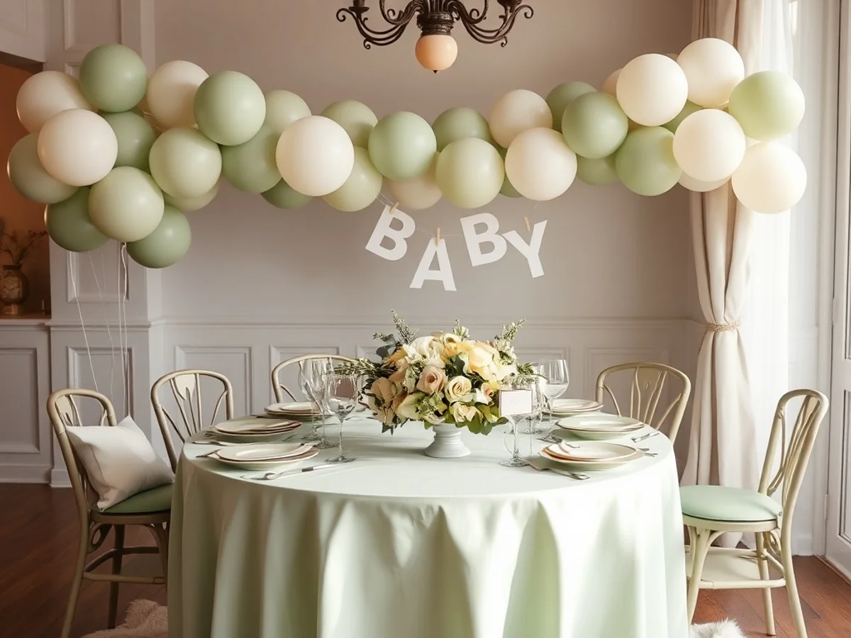 Elegant baby shower table decorated with sage green and ivory balloons, flowers and coordinated tableware