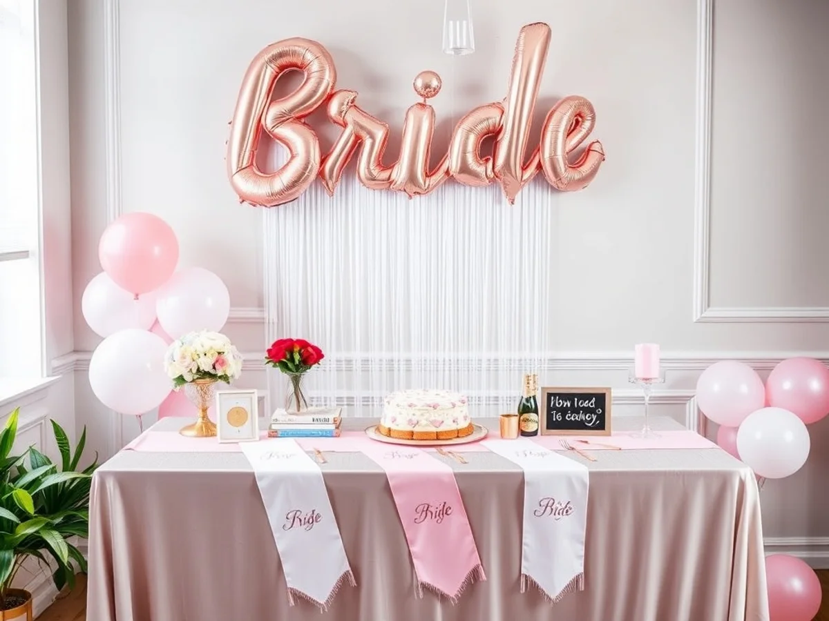 Fun bachelorette party setup with Bride sash, rose gold balloons and celebratory decorations