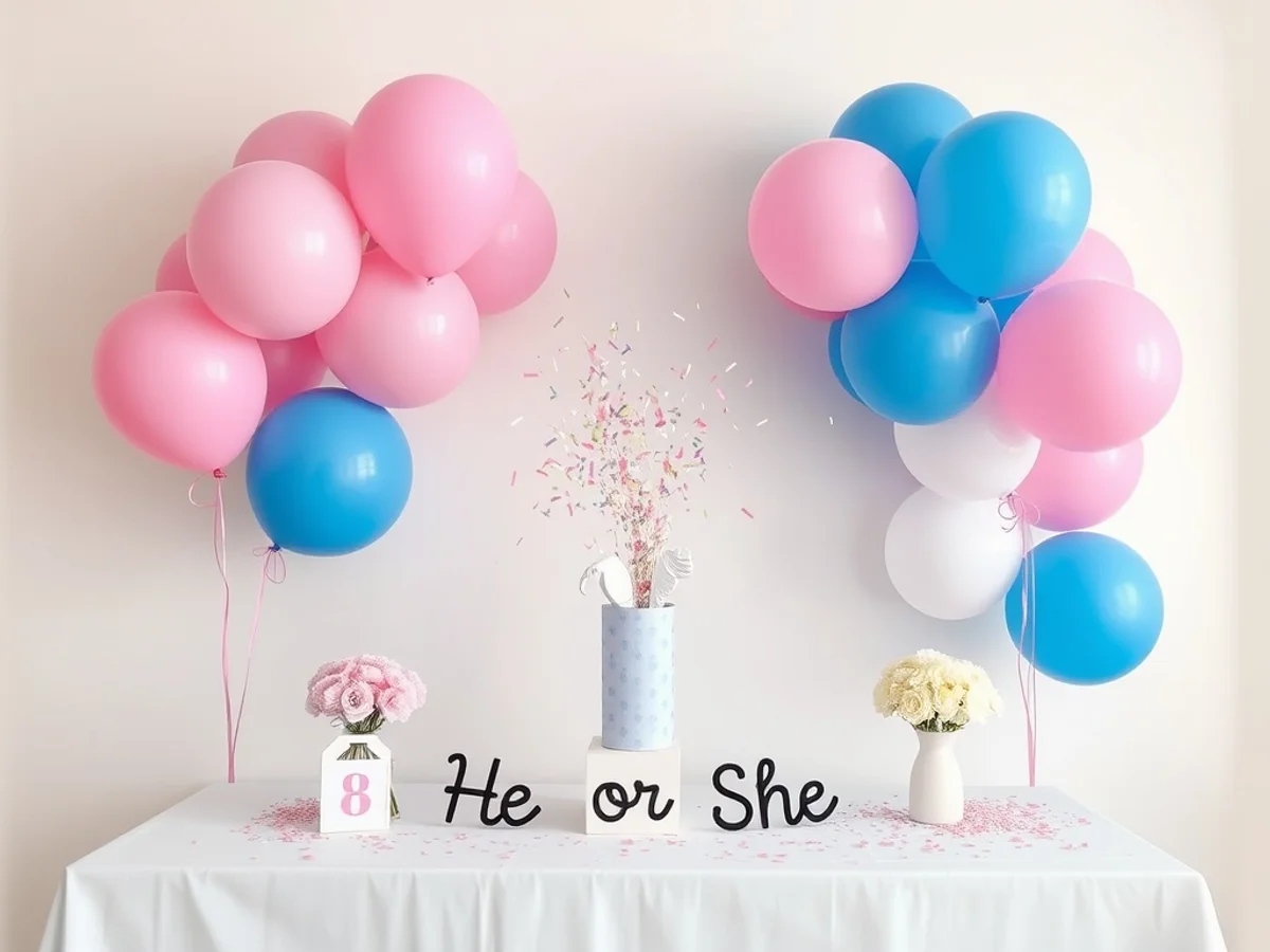 Gender reveal party setup with pink and blue balloons, confetti popper and decorated table