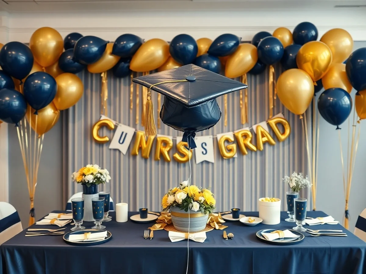 Graduation party table setup with Congrats Grad banner, school colour balloons and celebration tableware