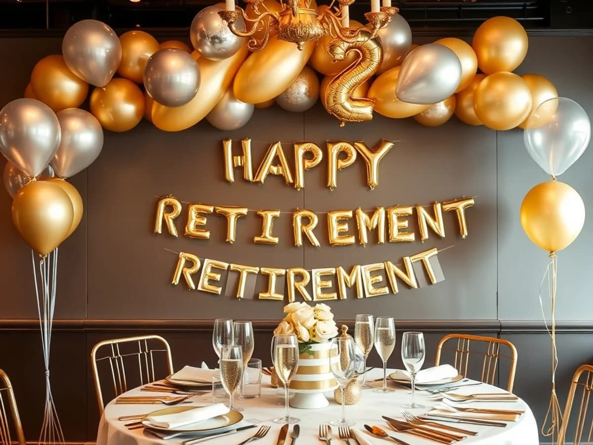 Elegant retirement party setup with gold and silver balloons, Happy Retirement banner and celebration tableware