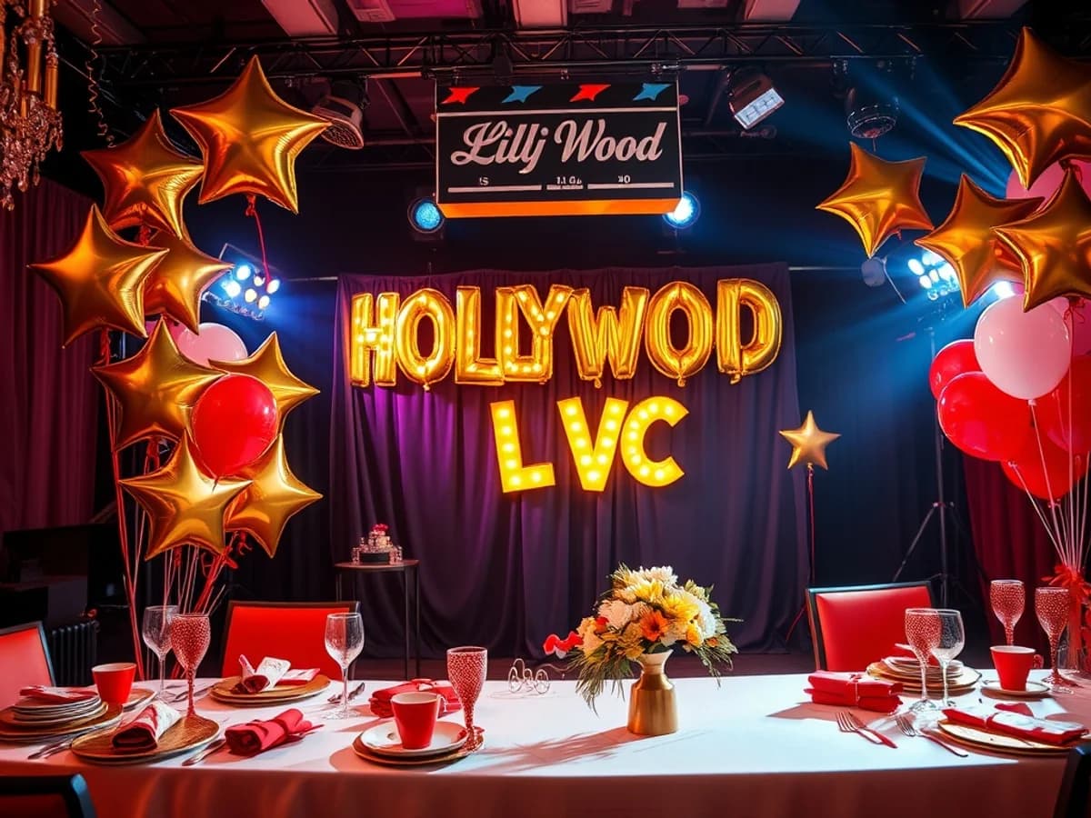 Vibrant themed party setup with tropical or Hollywood-inspired decorations, balloons and themed tableware