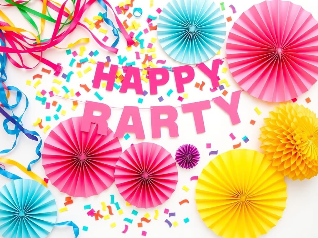 Vibrant party decoration collection with streamers, paper fans, confetti and banners