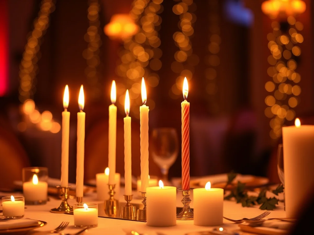 Lit birthday candles on a decorated celebration cake surrounded by party table decor
