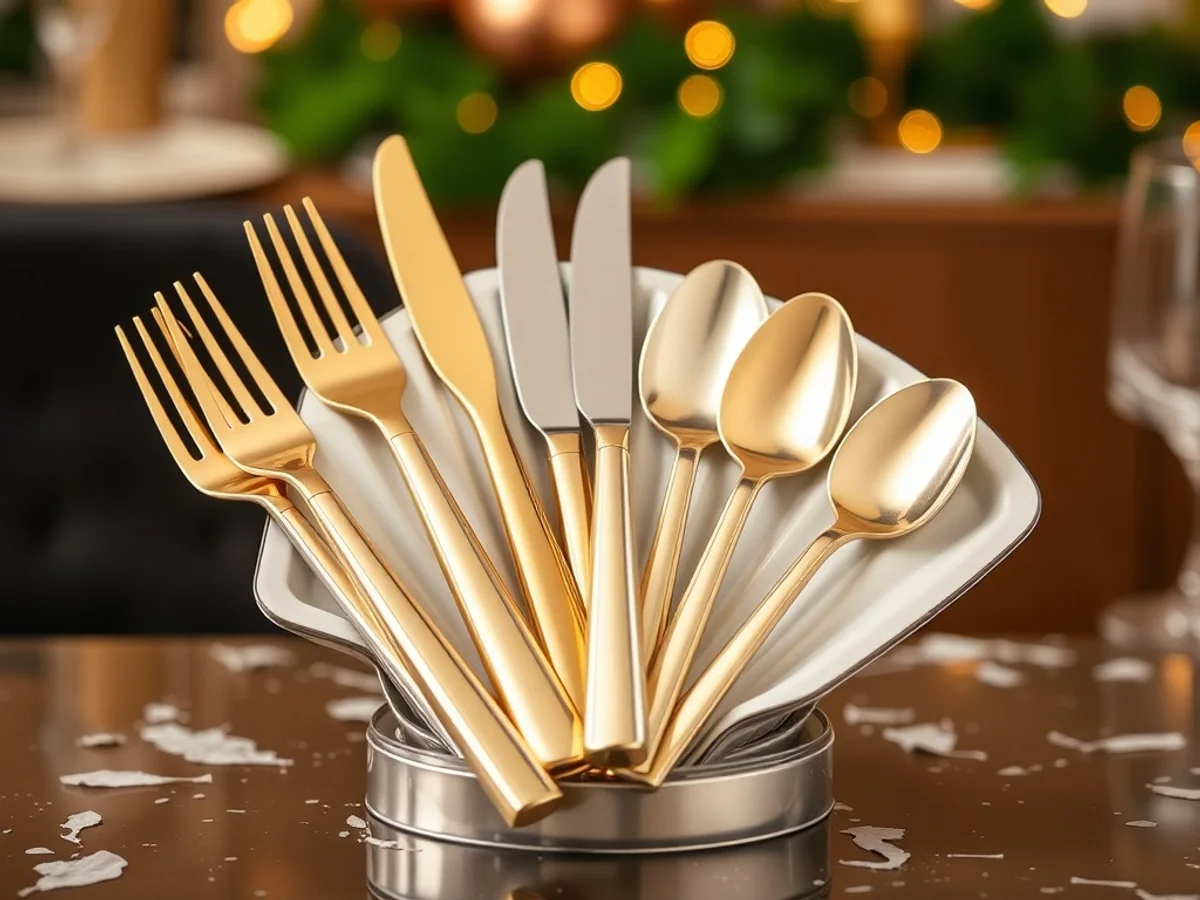 Elegant metallic gold and silver disposable cutlery arranged on a party table setting