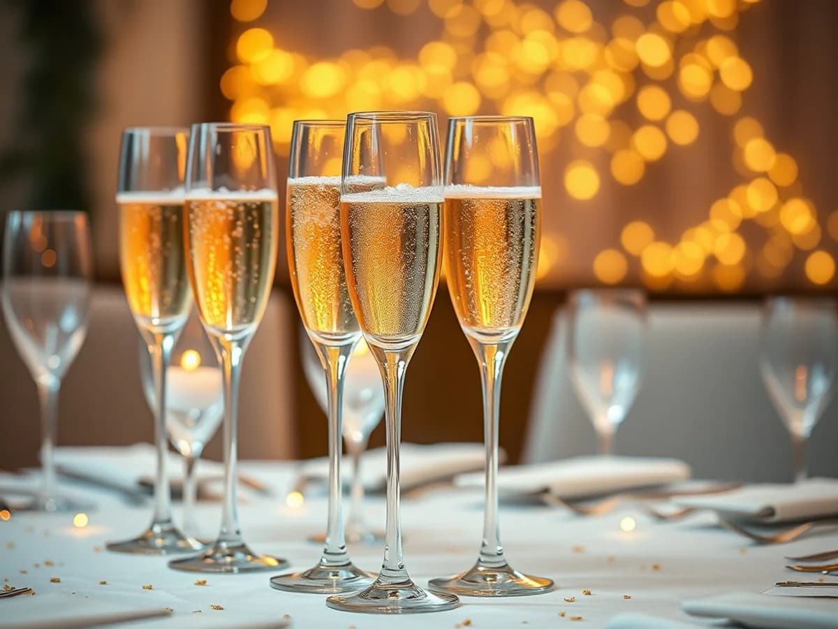 Elegant plastic champagne flutes filled with sparkling wine for a celebration toast