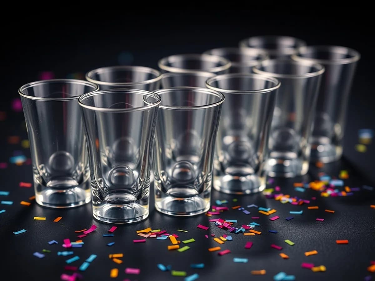 Clear plastic shot glasses arranged for a party celebration countdown
