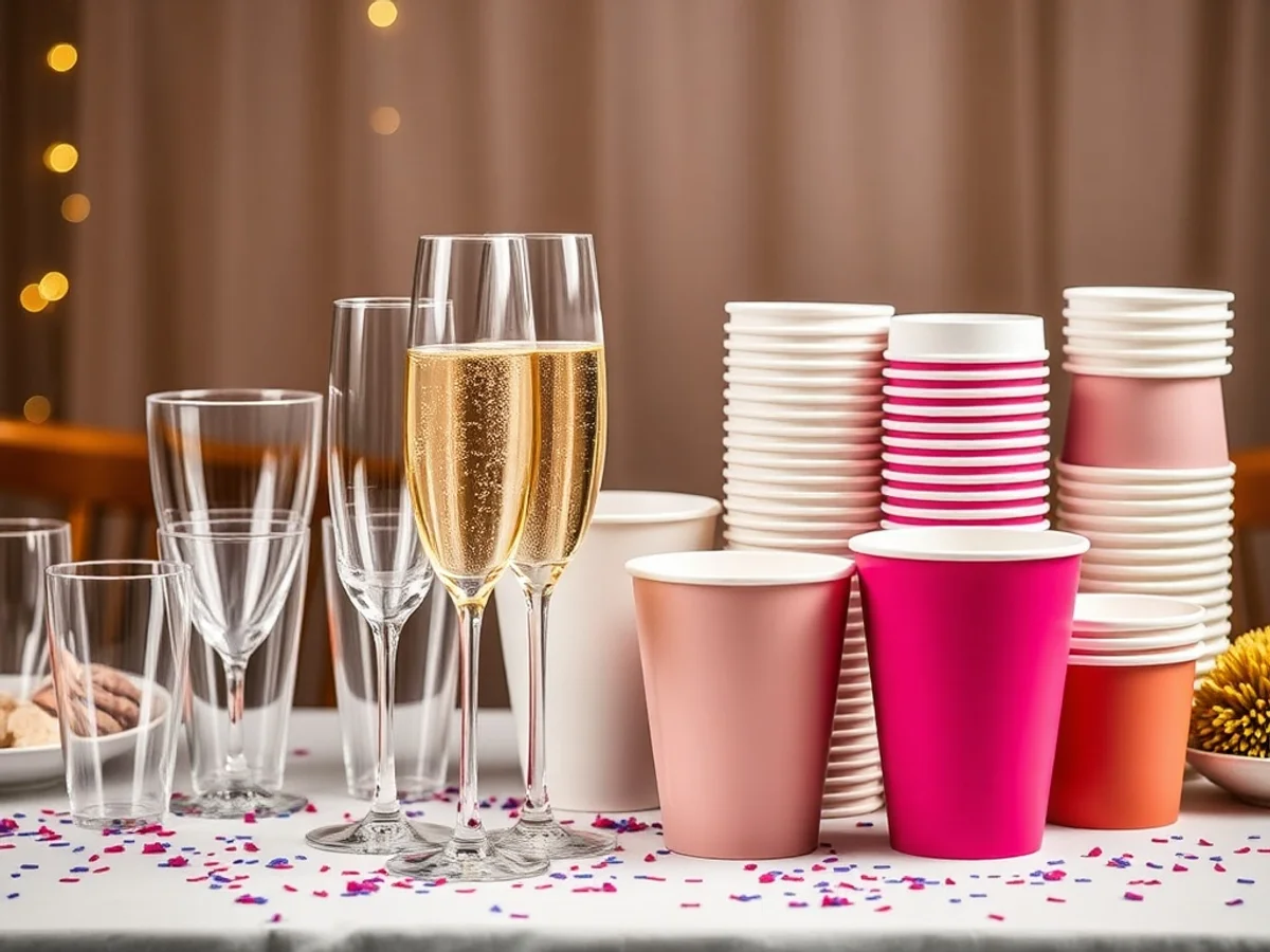 Party drinkware collection including plastic cups, champagne flutes and paper cups on a festive table