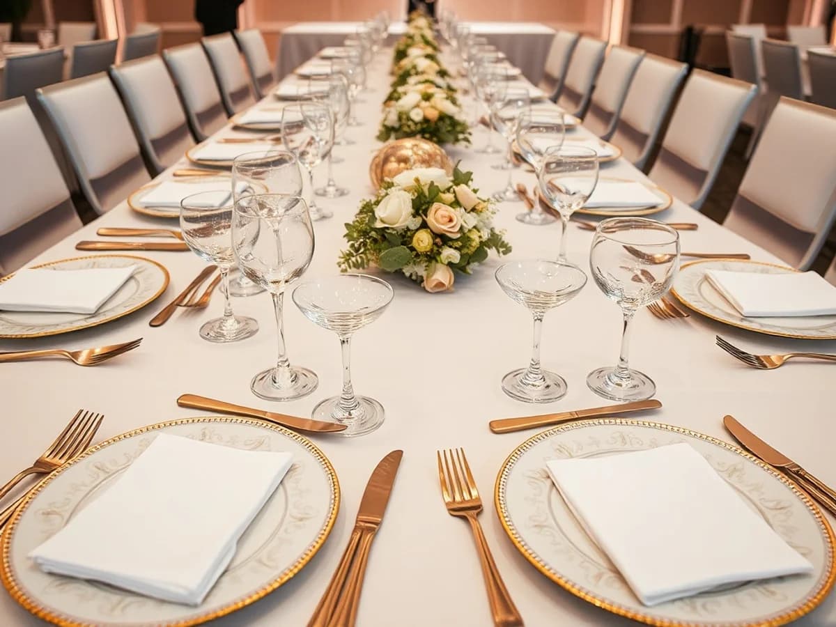 Elegant white placemats at individual place settings on a formal party dinner table