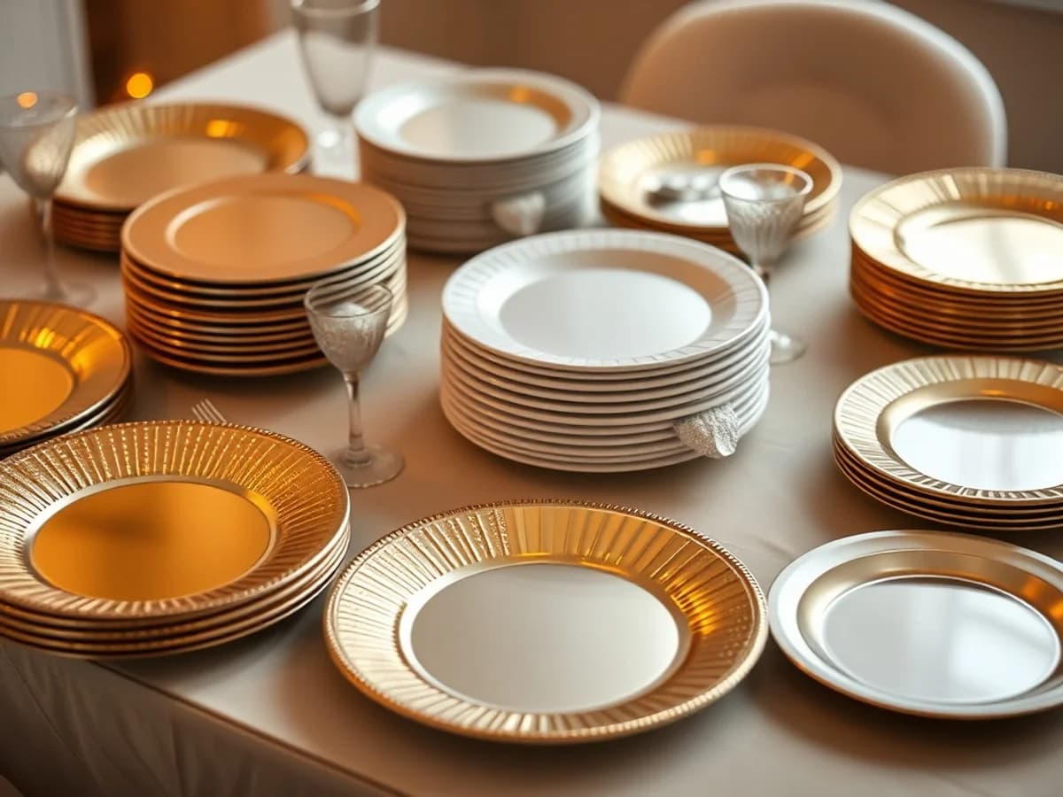Party plate collection including patterned paper plates, plastic plates and eco-friendly options on a styled table