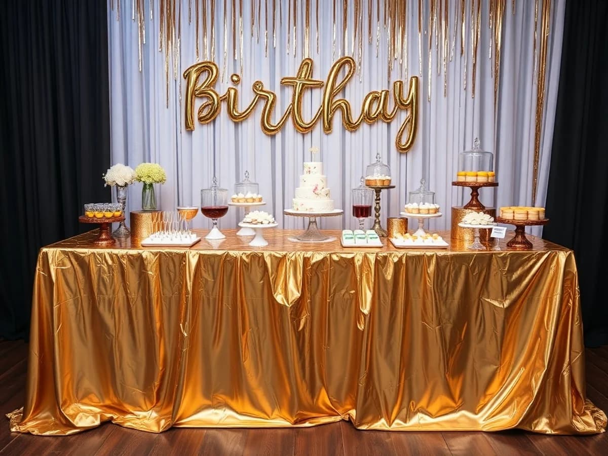 Gold metallic foil table cover on a styled birthday dessert buffet table