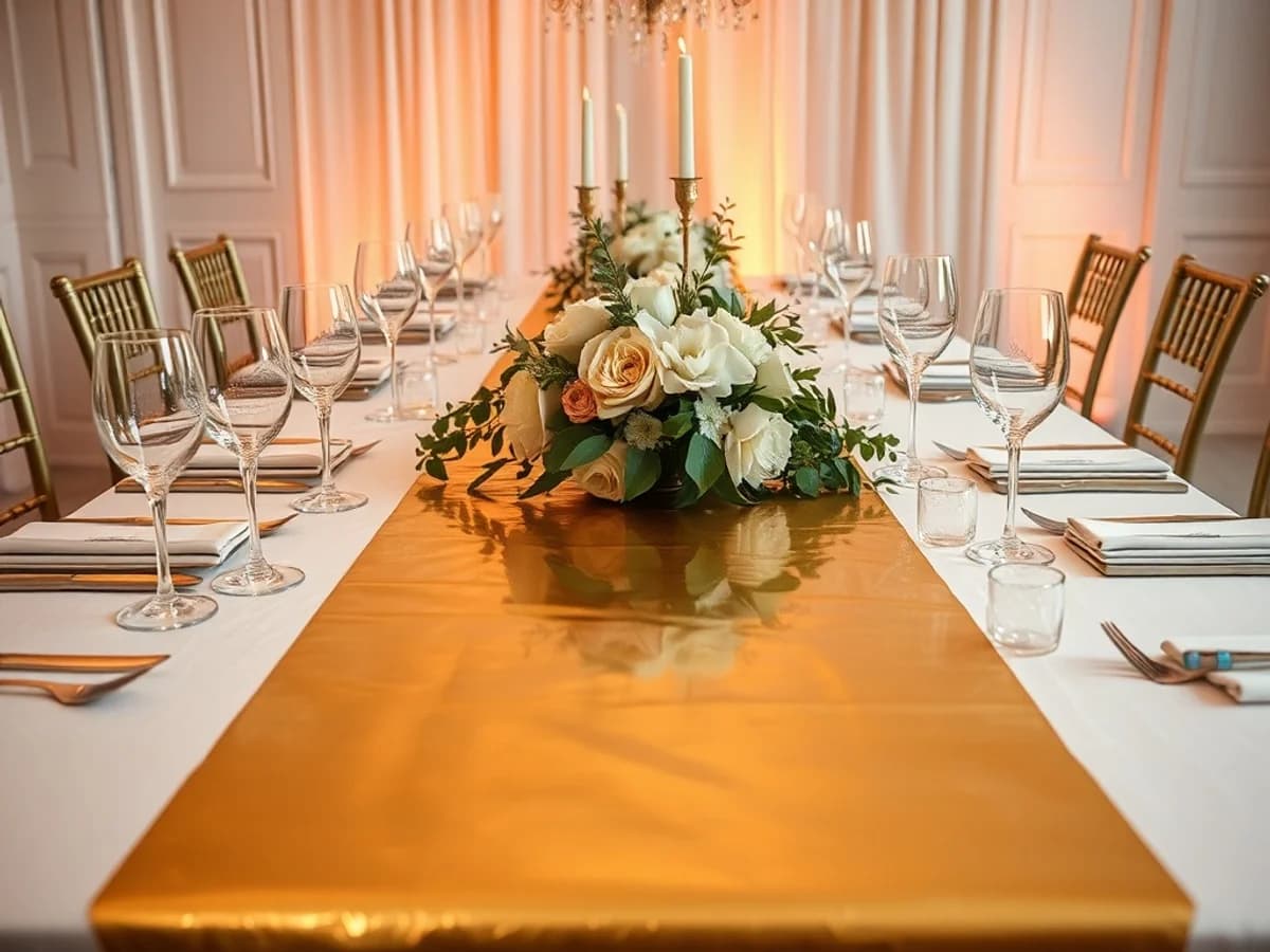Gold metallic foil table runner laid down the centre of an elegant party dinner table