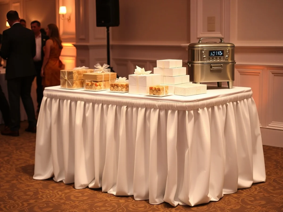 White fabric table skirt on a dressed gift and buffet table at a party event
