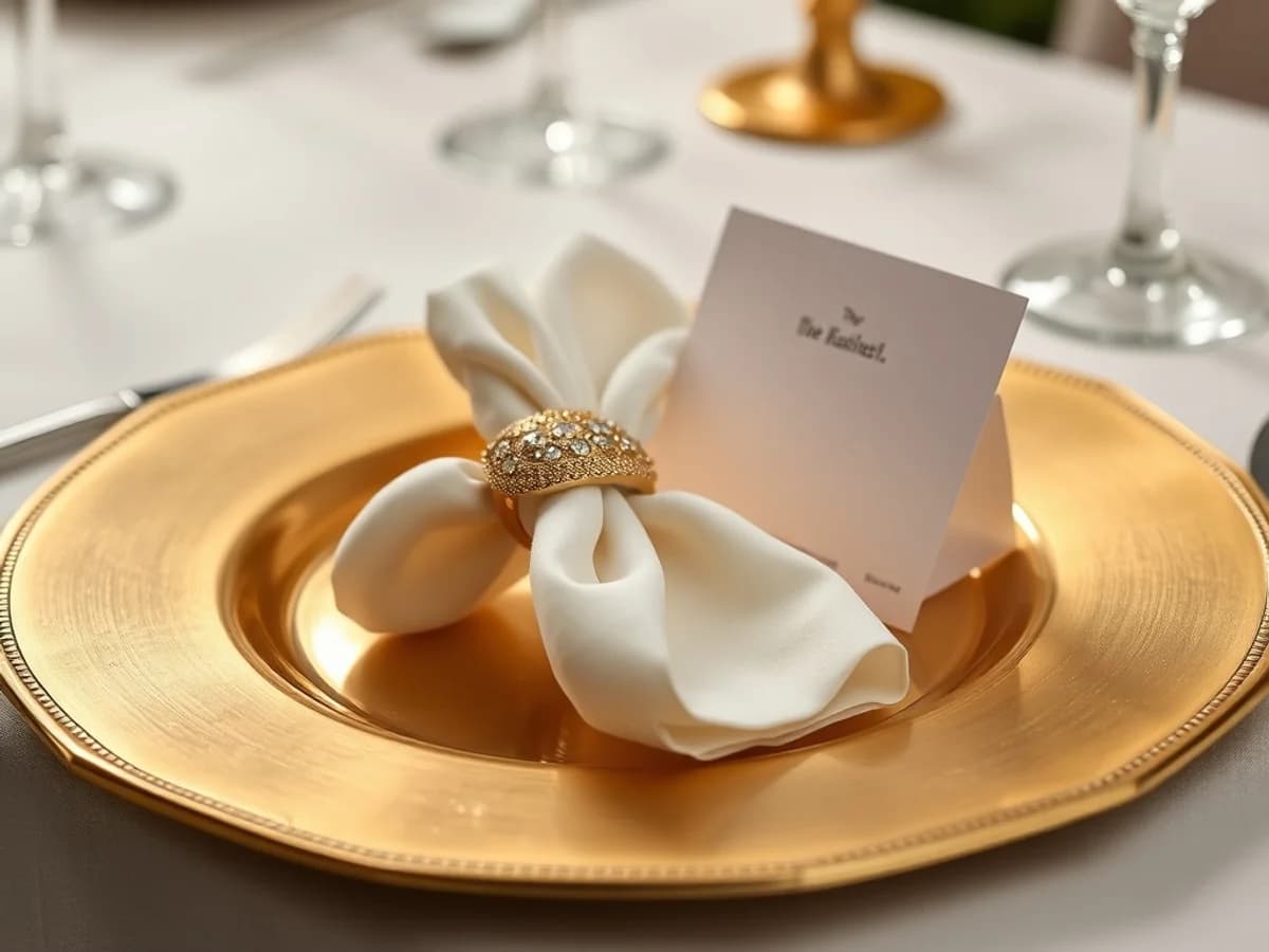 Gold charger plate with napkin ring and place card holder at an elegant party place setting