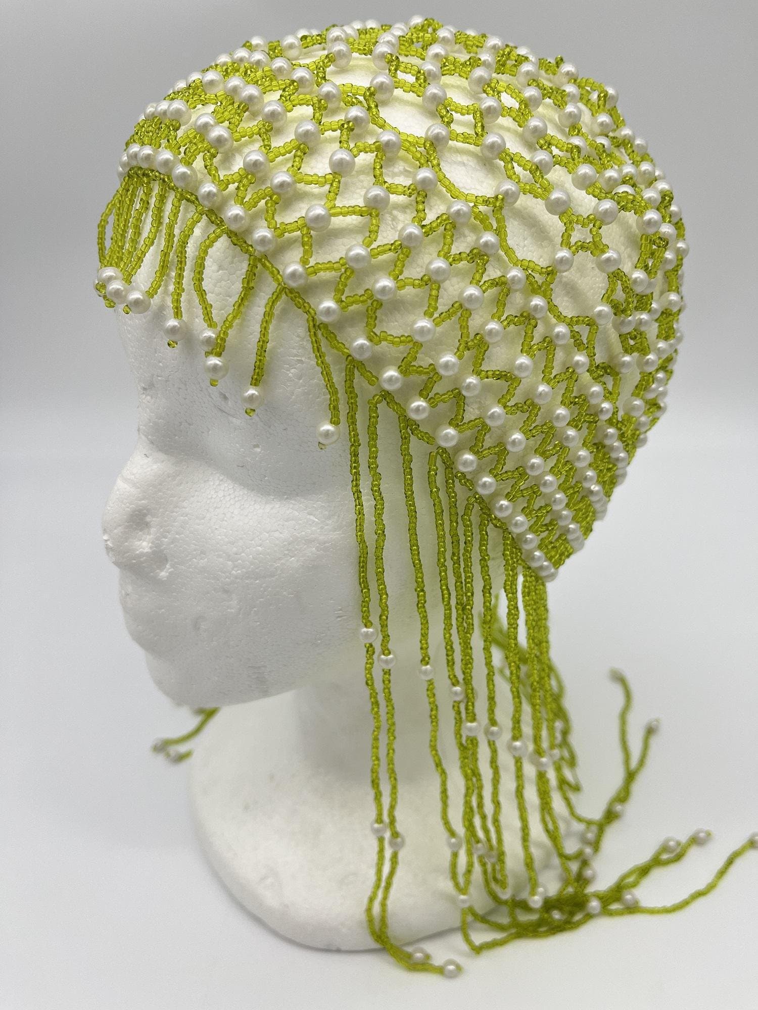 Beaded Cap - 1920s Beaded Cap - Green/White