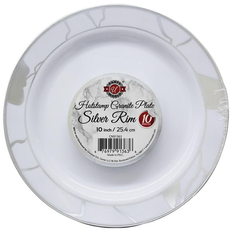 10.25" Hot Stamp Granite White w/Silver Rim Plastic Plates 10ct