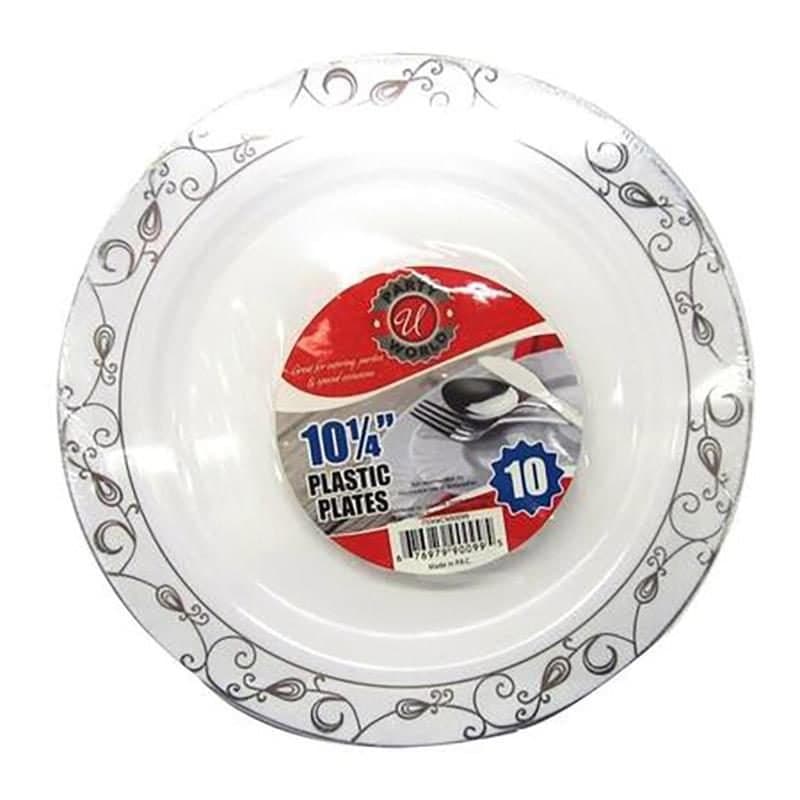 10.25" Hot Stamp White w/ Silver Pattern Plastic Plates 10ct