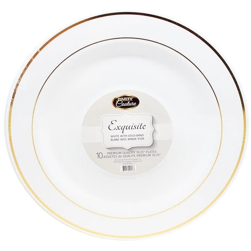 10.25" Plastic Plates - White with Gold Band 10ct