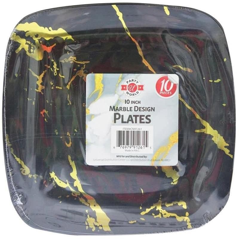 10" Black Square Marble Plastic Plates 10ct