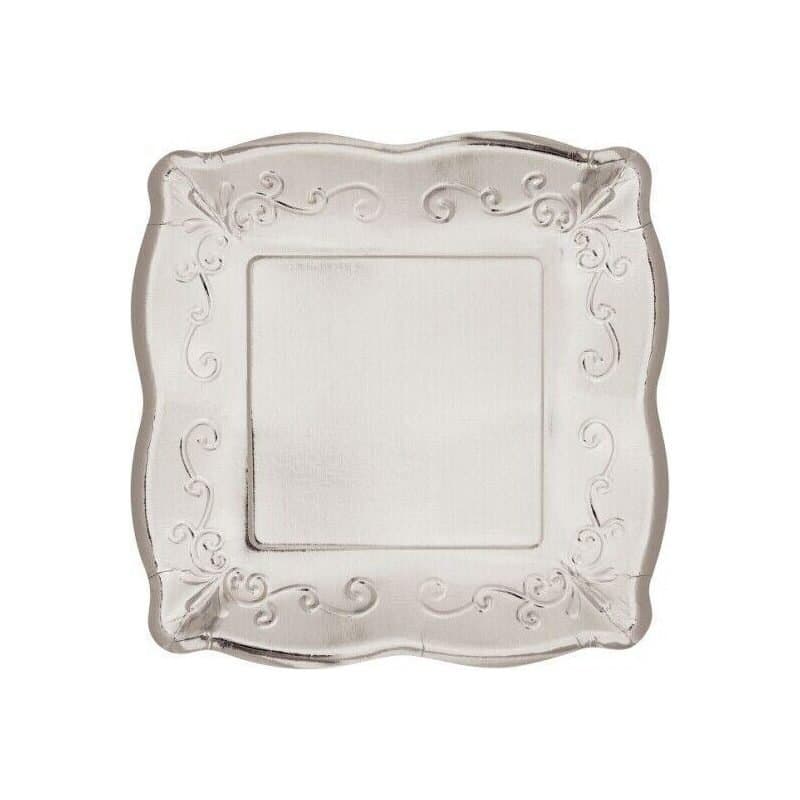 10" Square Paper Plates Elise Silver Foil 8ct
