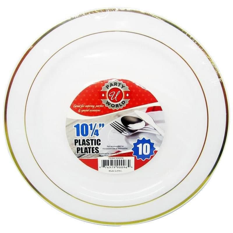 10" White w/Gold Rim Plastic Plates 10ct