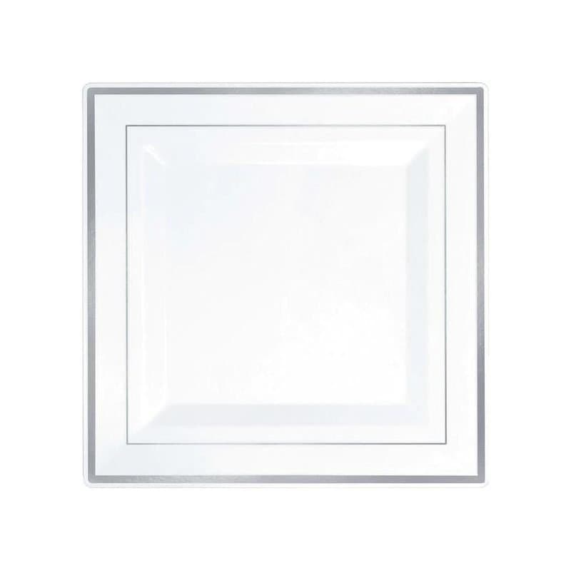 10" White with Silver Trim Square Plastic Plate 8ct