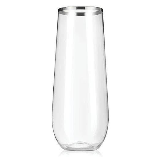 9oz Silver Trim Stemless Champagne Plastic Flute 6 Ct