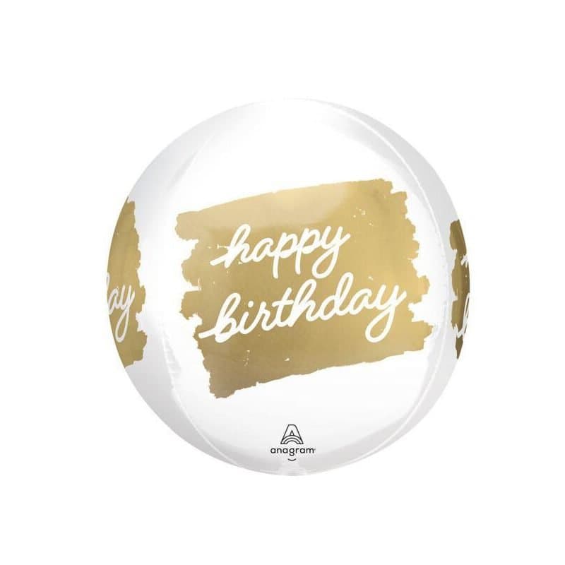 15" Orbz Balloon - "happy birthday", Gold/White, Orb Shape